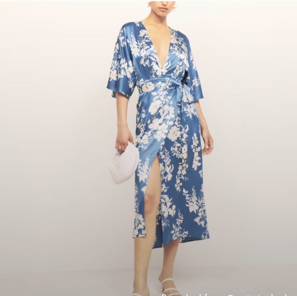 Reformation Blue & White Floral Satin Wrap Midi